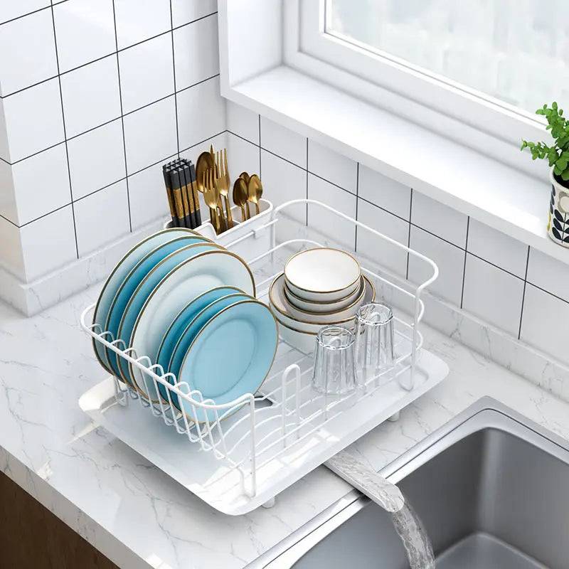 Stylish dish drain rack promoting kitchen organization while adding flair
