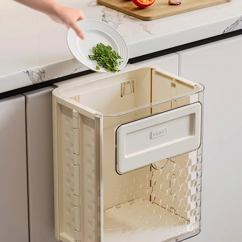 Close-up of a sleek wall mounted trash can made of durable stainless steel
