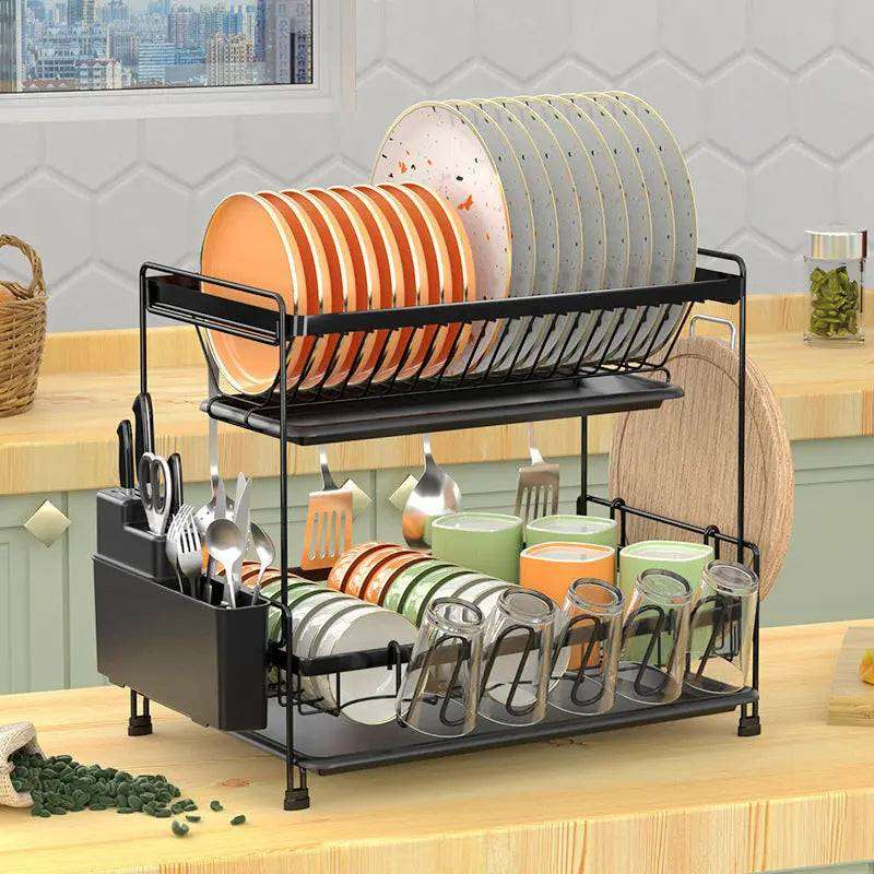 Double layer dish rack with drainage system for effective water management