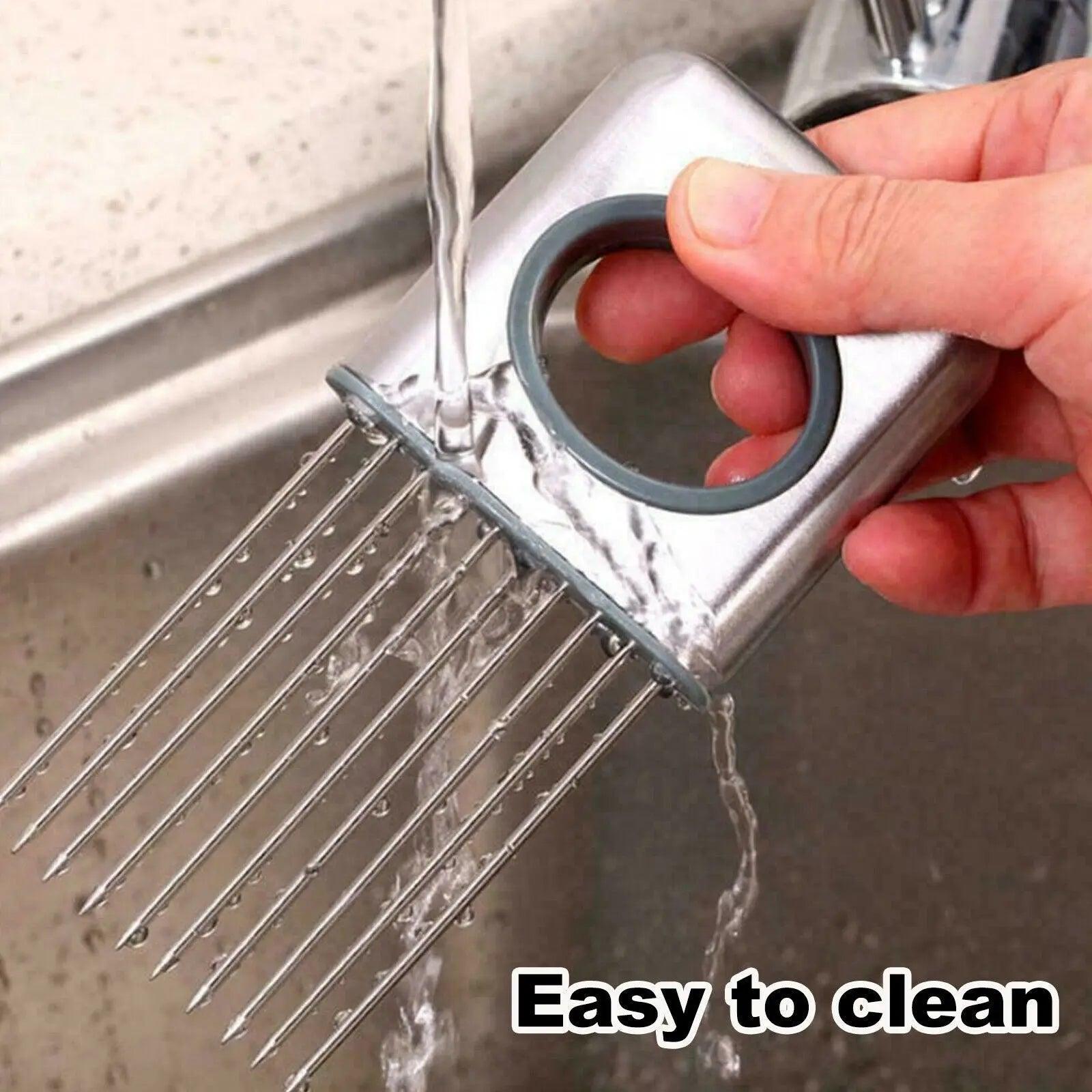 precision vegetable slicer featuring prongs for stability