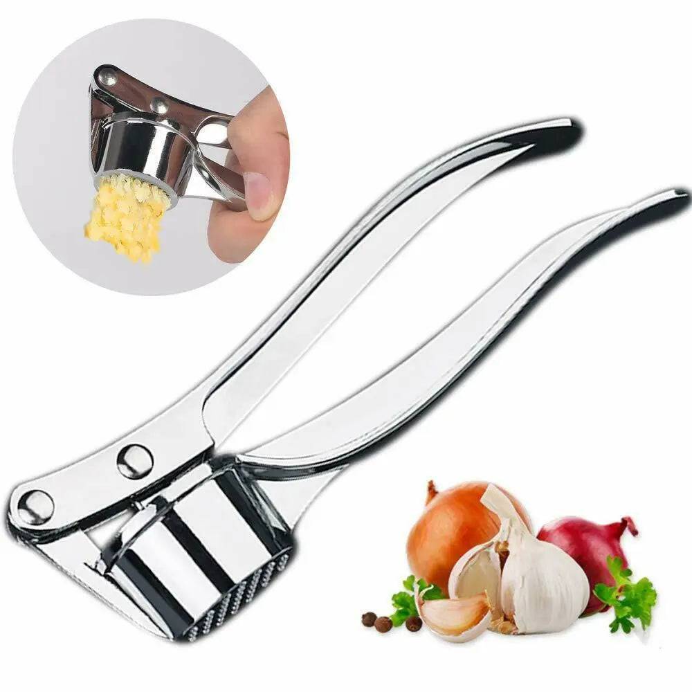 Image of stainless steel garlic press displaying ergonomic design