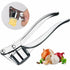 Image of stainless steel garlic press displaying ergonomic design