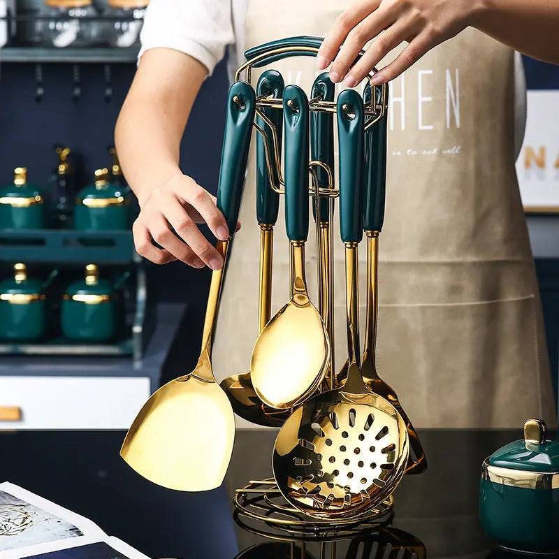 Ergonomically designed kitchen tools, including a slotted spatula and ladle set