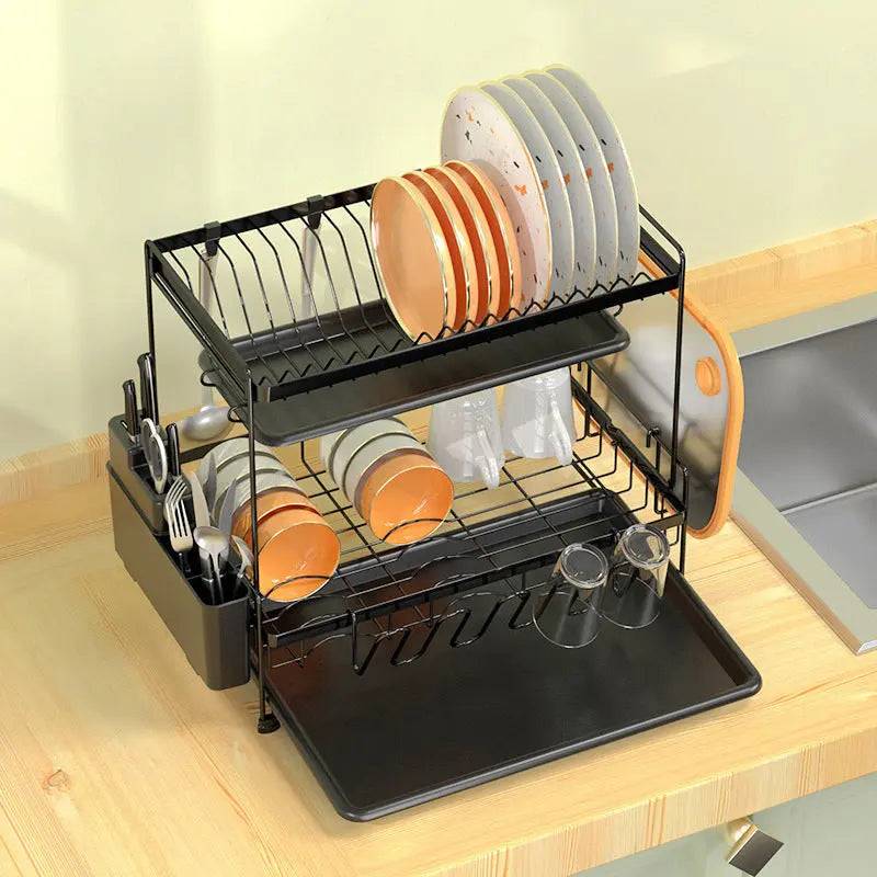 Compact dish rack with drain tray perfect for small kitchen spaces