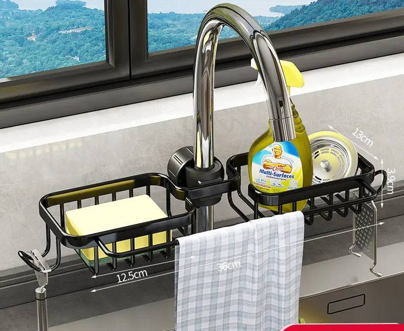 Faucet rack storage for easy access cleaning supplies