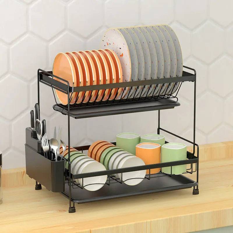 Two-tier dish rack with knife and chopstick holder for easy access