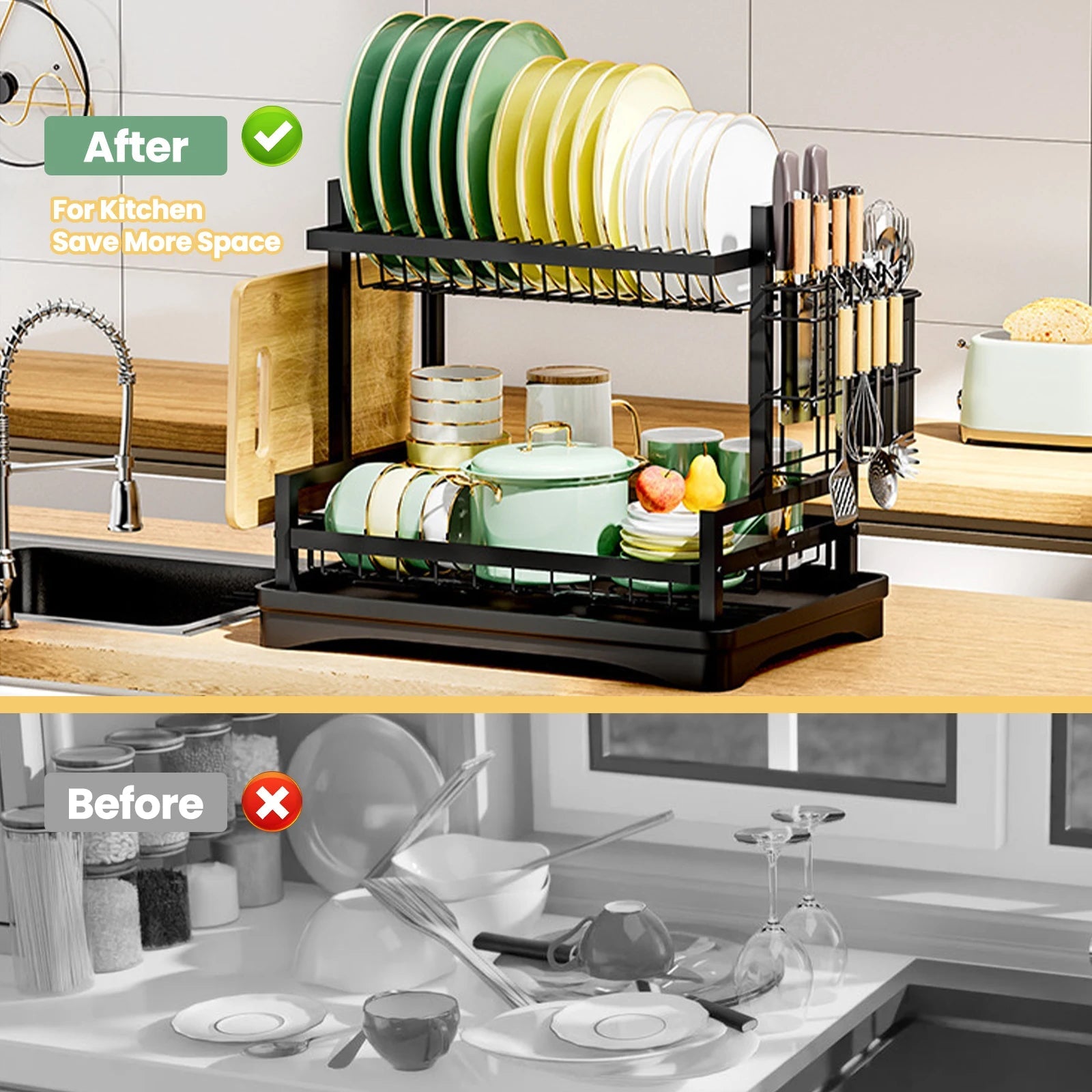 Dish Drainer Rack 2 Tier Rustproof Dish Drainer Rack with Drip Tray and Utensils Holder with 360° Swivel Spout Drain Board Set Iris Essentials