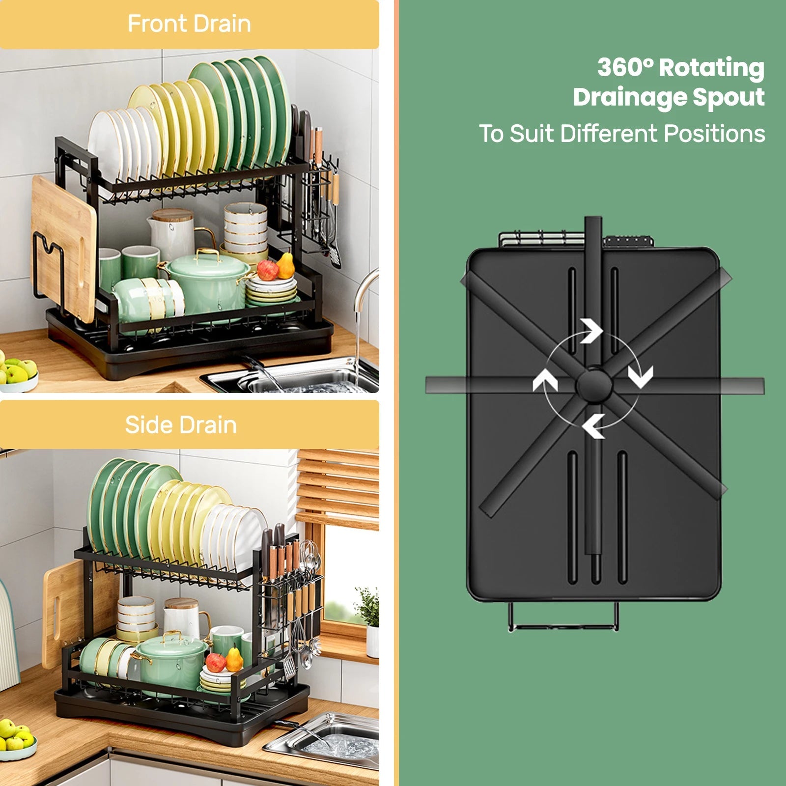 Dish Drainer Rack 2 Tier Rustproof Dish Drainer Rack with Drip Tray and Utensils Holder with 360° Swivel Spout Drain Board Set Iris Essentials