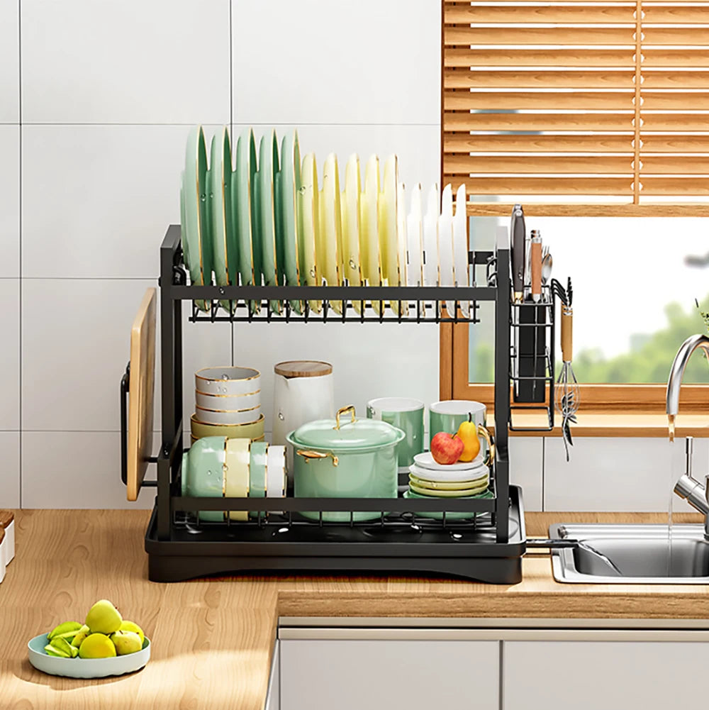 Dish Drainer Rack 2 Tier Rustproof Dish Drainer Rack with Drip Tray and Utensils Holder with 360° Swivel Spout Drain Board Set Iris Essentials