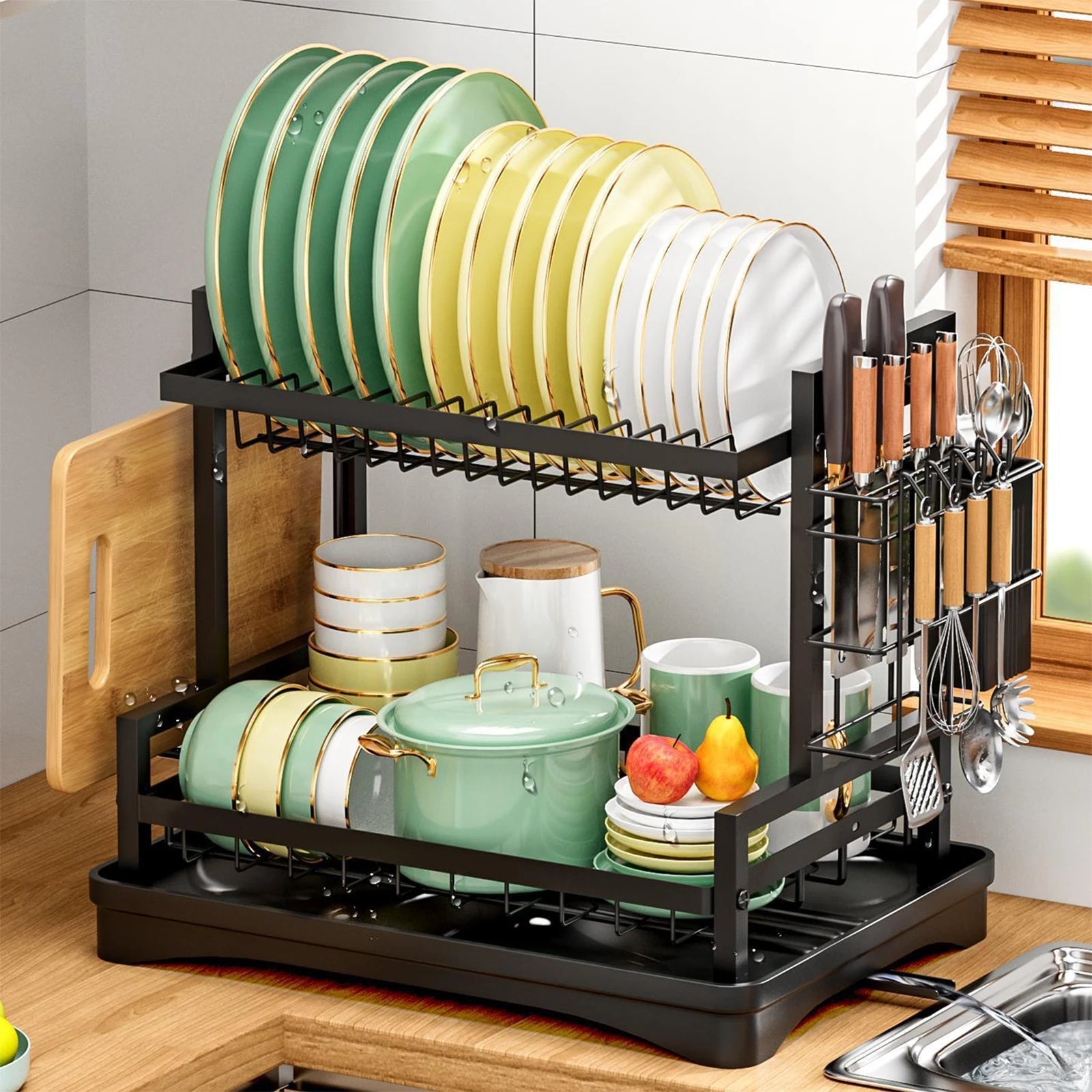 Dish Drainer Rack 2 Tier Rustproof Dish Drainer Rack with Drip Tray and Utensils Holder with 360° Swivel Spout Drain Board Set Iris Essentials