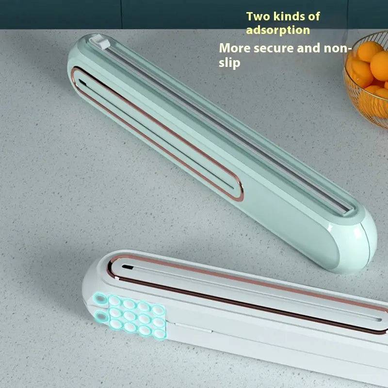 Hands using a Plastic Wrap Cutter to preserve food efficiently