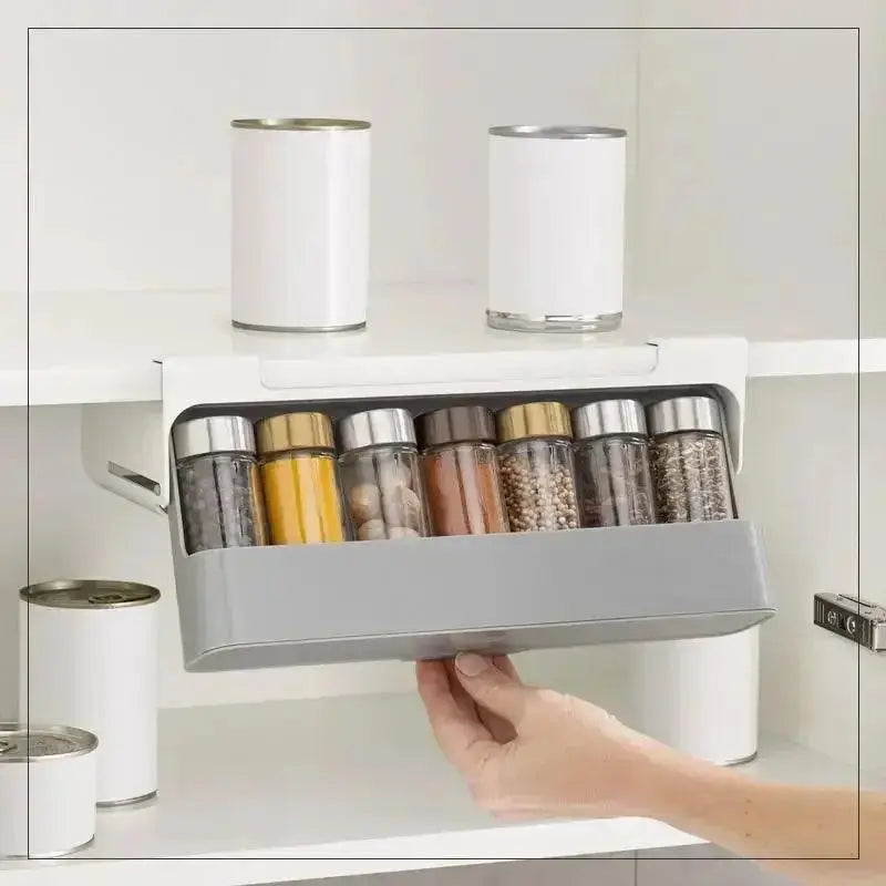 Under-shelf spice drawer showcasing easy access to spices