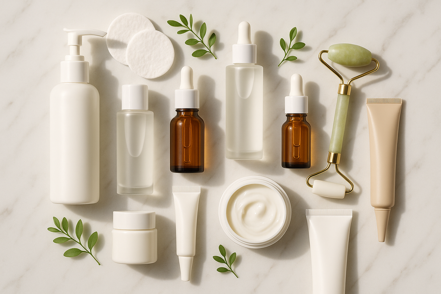 Complete 10-step skincare routine products arranged in order showing cleanser, toner, serums, moisturizer and treatments on marble background