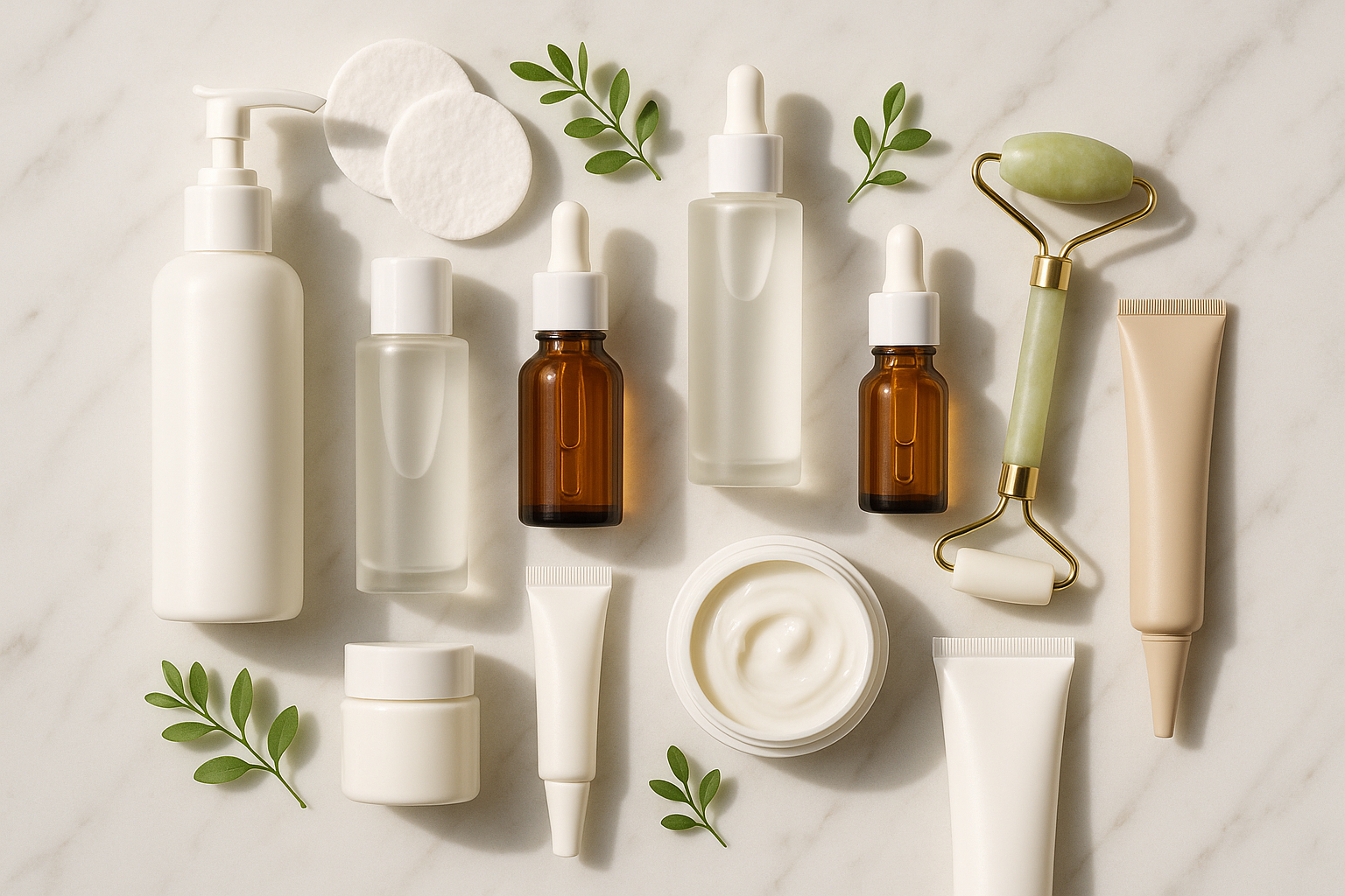 Complete 10-step skincare routine products arranged in order showing cleanser, toner, serums, moisturizer and treatments on marble background