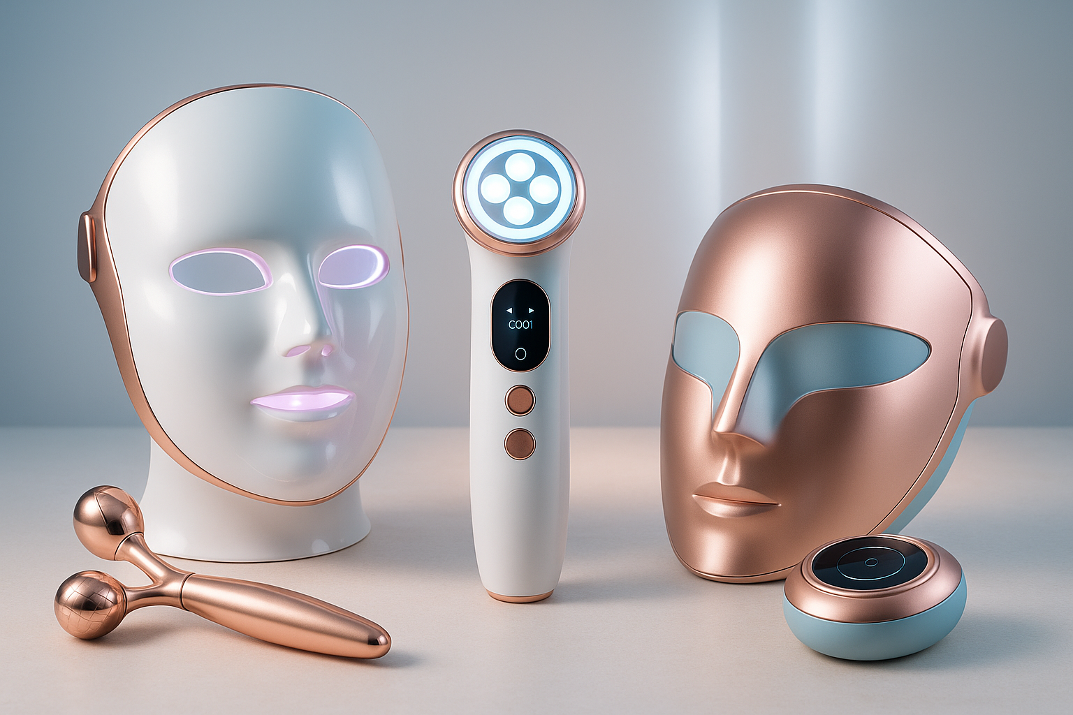 Advanced beauty technology devices including LED light therapy mask, EMS facial massager, and sonic cleansing tools arranged on modern surface with futuristic lighting