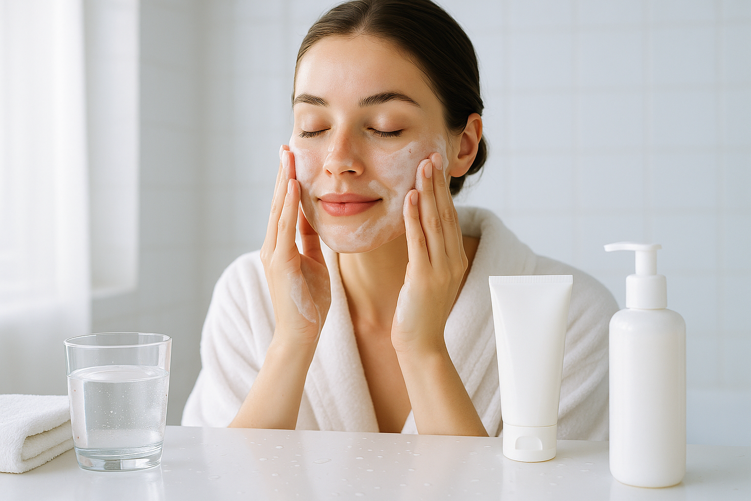 Woman gently applying cream cleanser to face demonstrating proper gentle cleansing technique for healthy skin