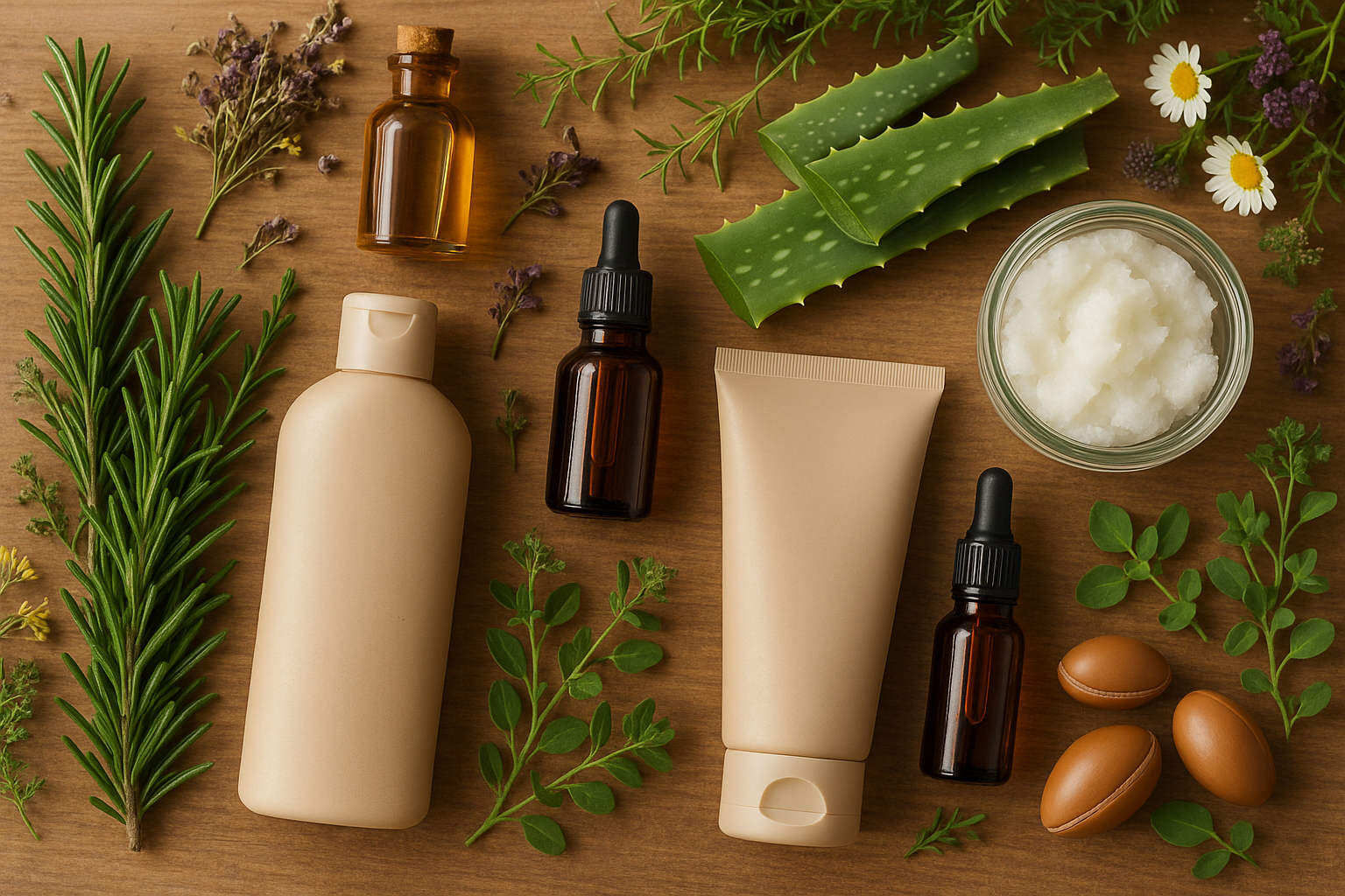 Natural herbal hair care ingredients including rosemary, argan oil, aloe vera, and essential oils arranged on wooden surface