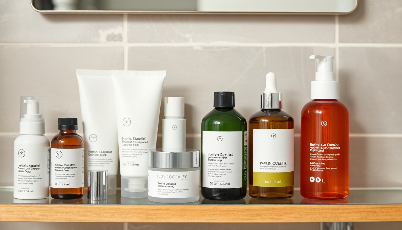 A collection of skincare products on a bathroom shelf
