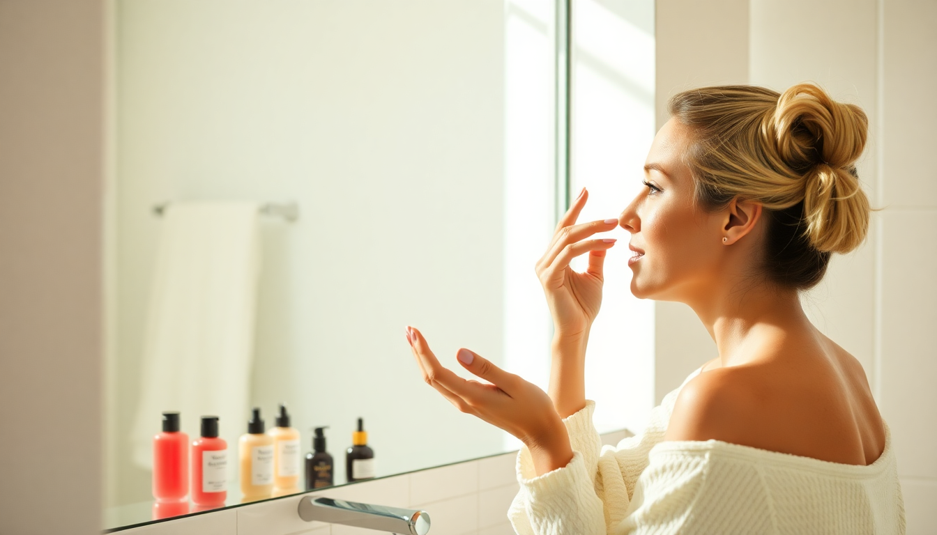 A woman applying morning skincare products in bright bathroom