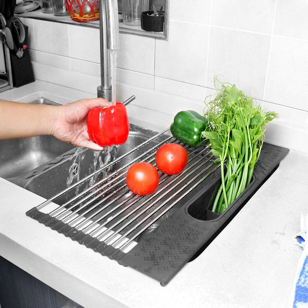 Folding stainless steel dish rack for efficient kitchen organization  