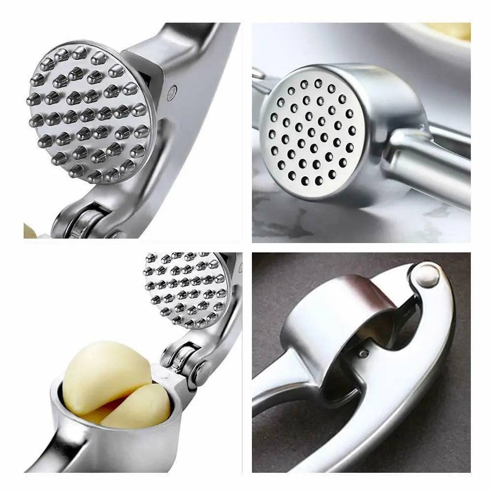 Multifunctional garlic mincer next to chopped garlic and ginger  