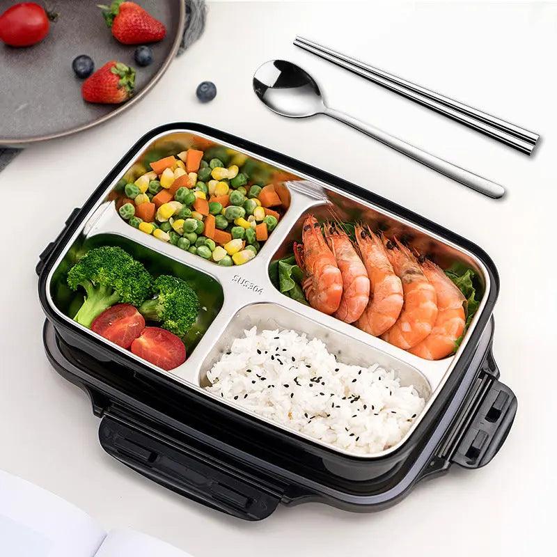 Insulated lunch box demonstrating heat preservation features with a silicone sealing ring  