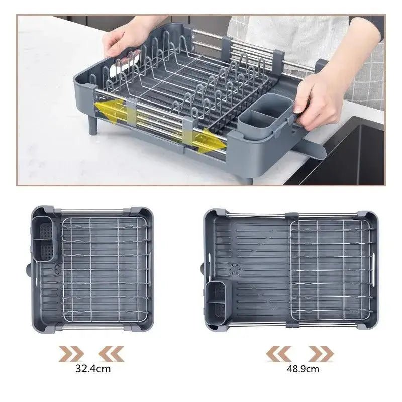 Space-saving dish rack with a water drainage system for mess-free kitchen solutions  