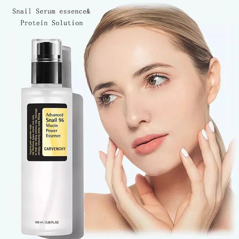 Iris Essentials snail serum collagen facial serum bottle next to woman with glowing clear skin