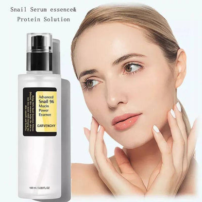 Iris Essentials snail serum collagen facial serum bottle next to woman with glowing clear skin