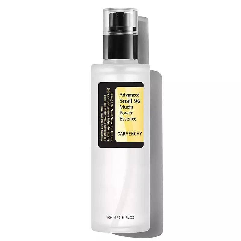 Iris Essentials snail serum collagen facial serum in white pump bottle with yellow label for skin repair