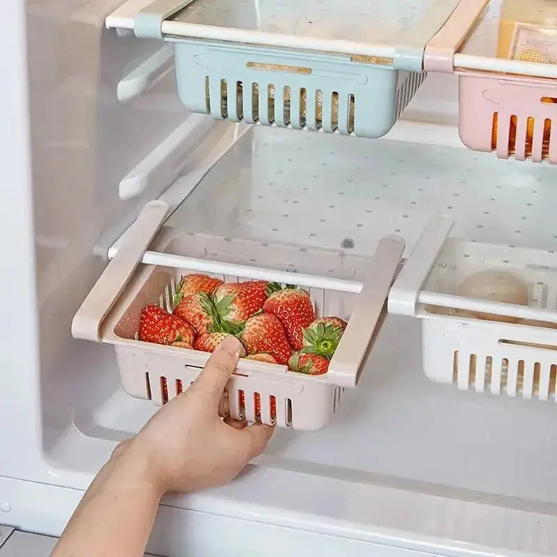 Multi-purpose fridge organizer holding various food items 